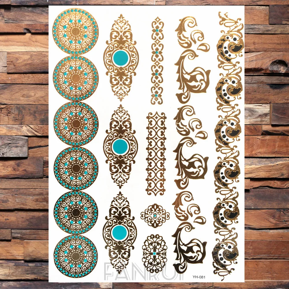 Sexy Sun Moon Star Temporary Tattoo Women Party Body Arm Art Fake Flash Tatoos Gold Metallic Tattoo Stickers Girl Bracelet Wrist