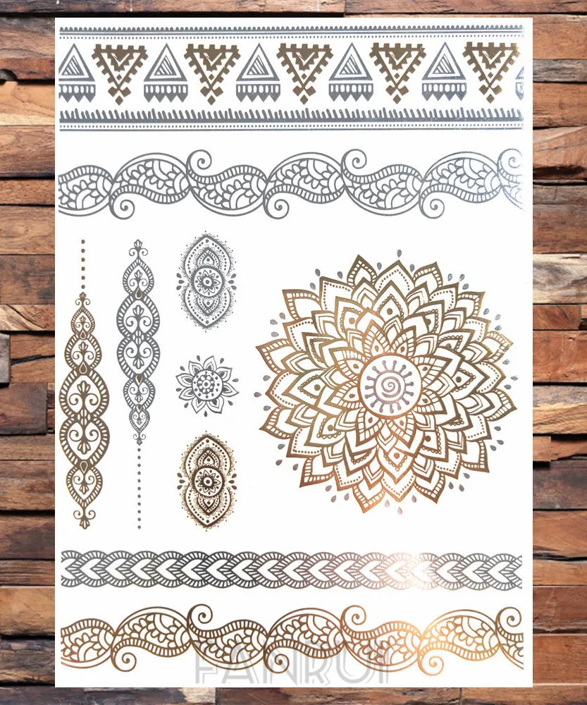 Sexy Sun Moon Star Temporary Tattoo Women Party Body Arm Art Fake Flash Tatoos Gold Metallic Tattoo Stickers Girl Bracelet Wrist