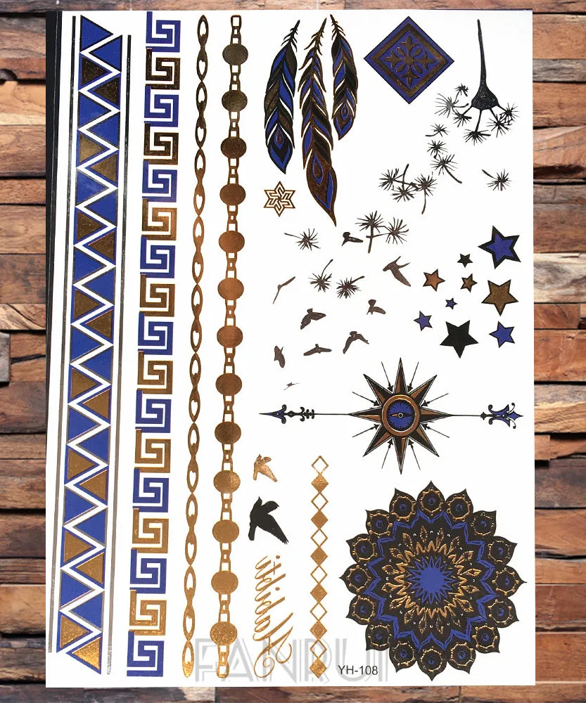 Sexy Sun Moon Star Temporary Tattoo Women Party Body Arm Art Fake Flash Tatoos Gold Metallic Tattoo Stickers Girl Bracelet Wrist