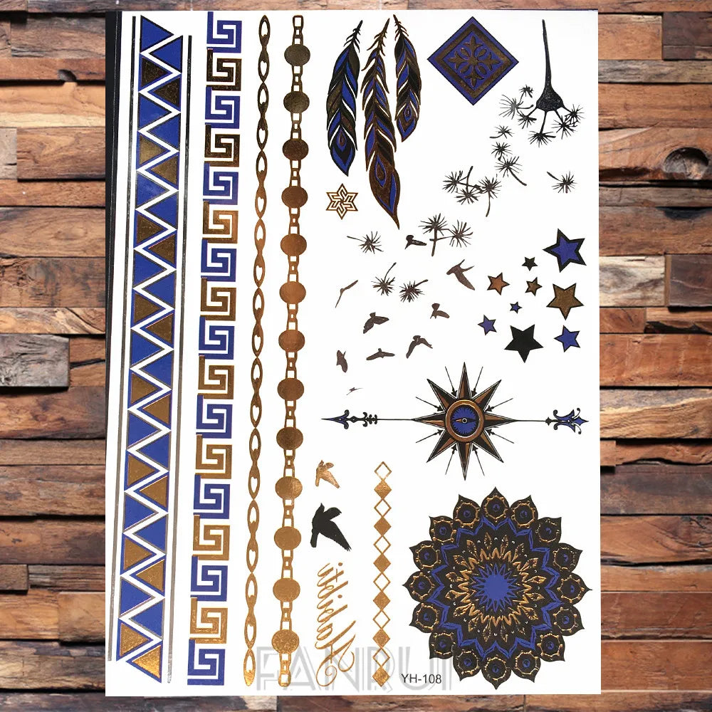 Sexy Sun Moon Star Temporary Tattoo Women Party Body Arm Art Fake Flash Tatoos Gold Metallic Tattoo Stickers Girl Bracelet Wrist