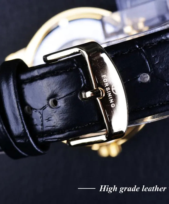Forsining 3d Logo Design Hollow Engraving Black Golden Case Leather Skeleton Mechanical Watches Men Luxury Brand Heren Horloge