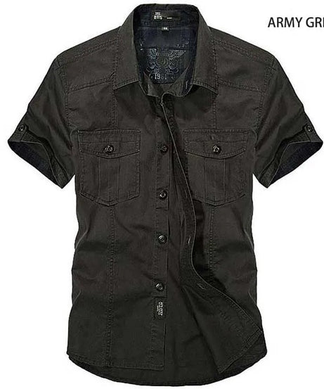 Fashion Cotton Casual Shirts Summer Men Plus Size Loose Baggy Shirts Short Sleeve Turn-down Collar Military Style Male Clothing