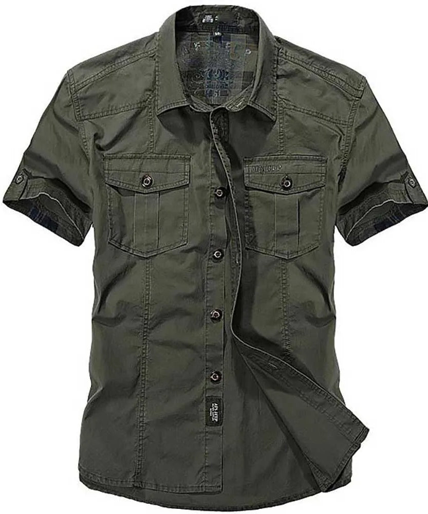 Fashion Cotton Casual Shirts Summer Men Plus Size Loose Baggy Shirts Short Sleeve Turn-down Collar Military Style Male Clothing