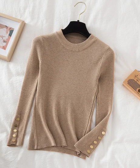 2025 women thick sweater pullovers khaki casual autumn winter button o-neck chic sweater female slim knit top soft jumper tops