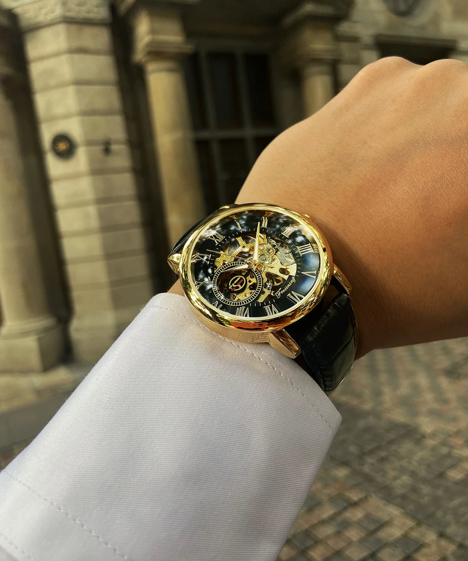 Forsining 3d Logo Design Hollow Engraving Black Golden Case Leather Skeleton Mechanical Watches Men Luxury Brand Heren Horloge