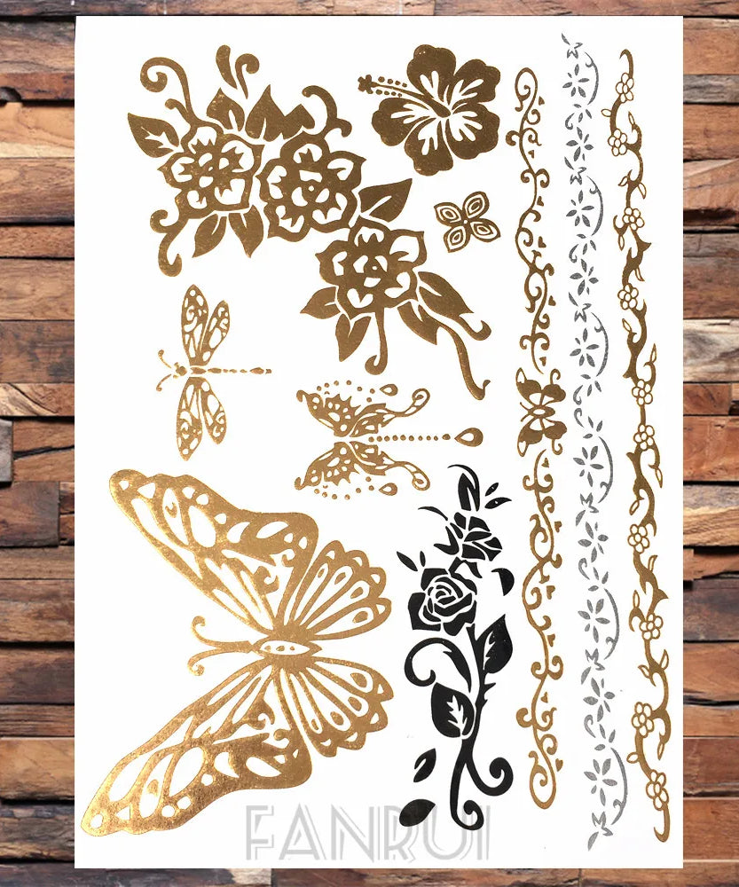 Sexy Sun Moon Star Temporary Tattoo Women Party Body Arm Art Fake Flash Tatoos Gold Metallic Tattoo Stickers Girl Bracelet Wrist