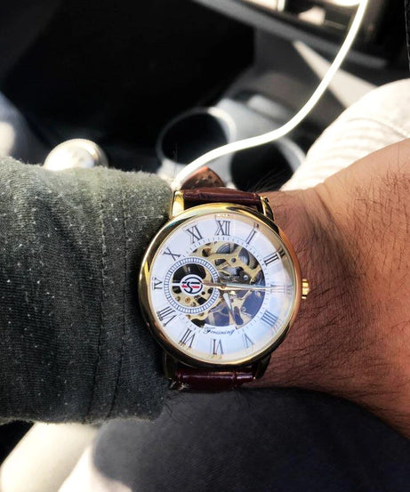 Forsining 3d Logo Design Hollow Engraving Black Golden Case Leather Skeleton Mechanical Watches Men Luxury Brand Heren Horloge