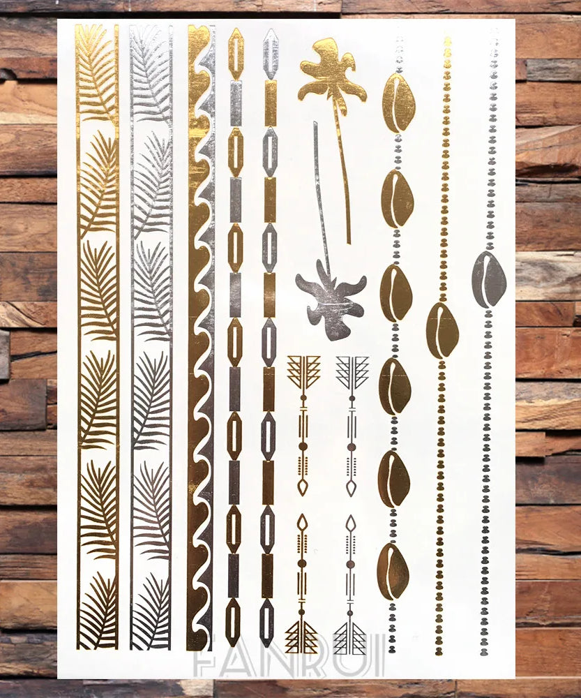 Sexy Sun Moon Star Temporary Tattoo Women Party Body Arm Art Fake Flash Tatoos Gold Metallic Tattoo Stickers Girl Bracelet Wrist