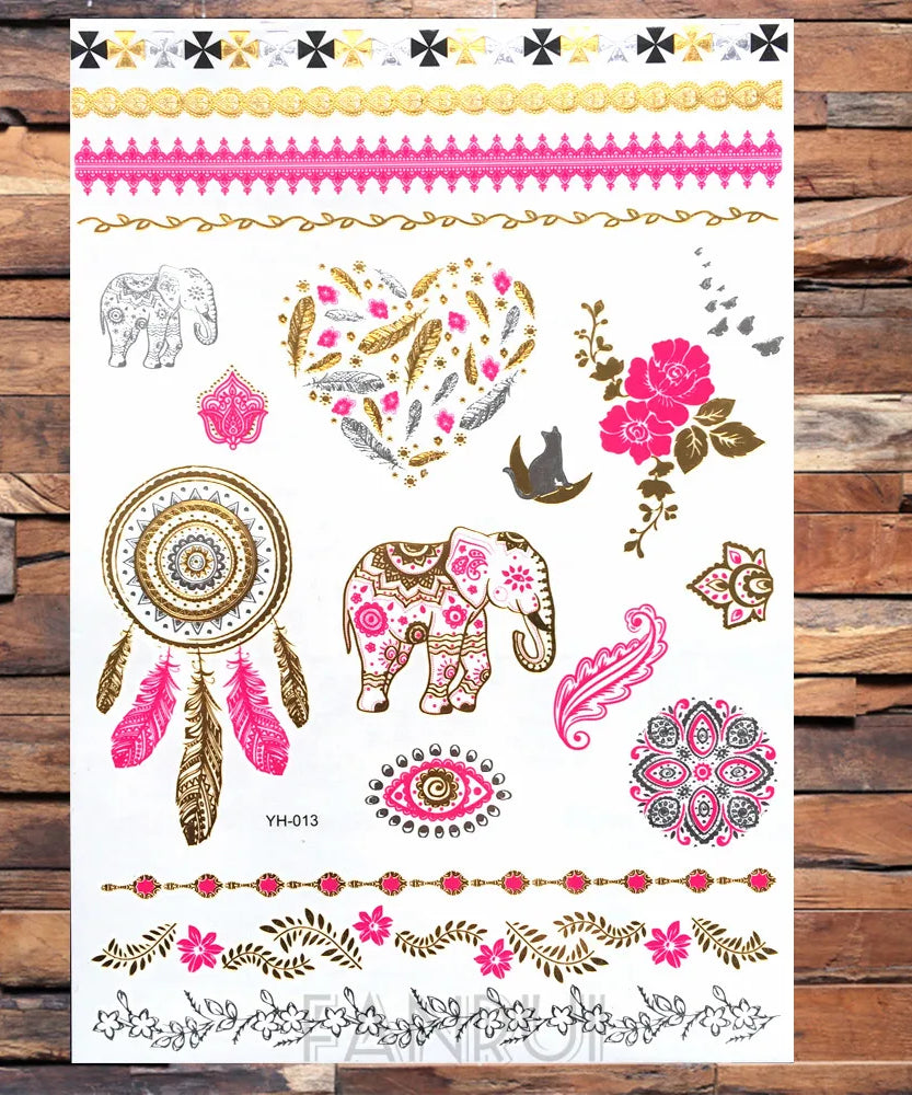 Sexy Sun Moon Star Temporary Tattoo Women Party Body Arm Art Fake Flash Tatoos Gold Metallic Tattoo Stickers Girl Bracelet Wrist