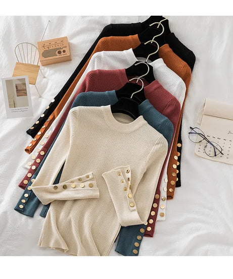 2025 women thick sweater pullovers khaki casual autumn winter button o-neck chic sweater female slim knit top soft jumper tops
