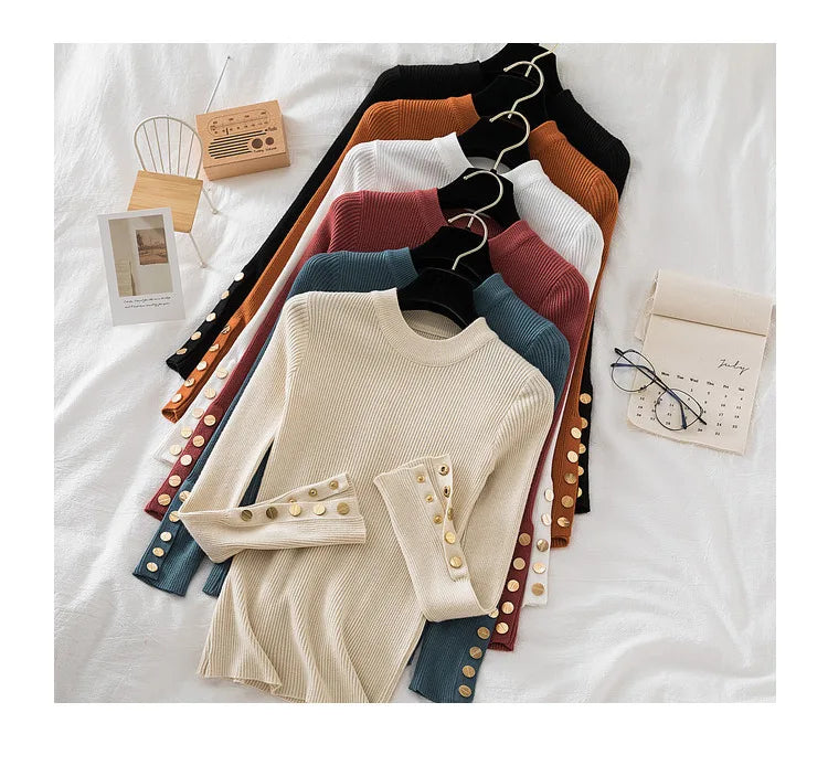 2025 women thick sweater pullovers khaki casual autumn winter button o-neck chic sweater female slim knit top soft jumper tops