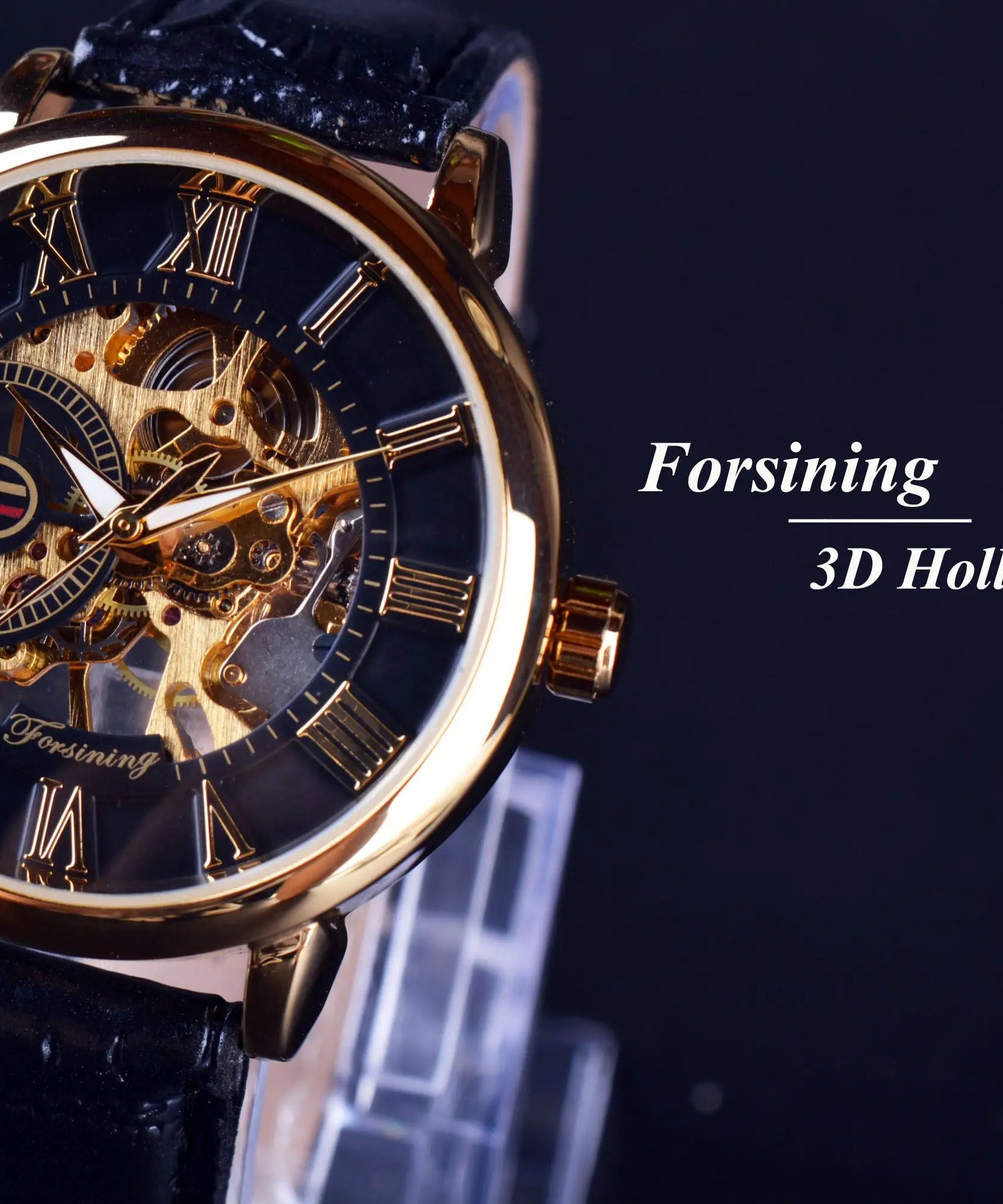 Forsining 3d Logo Design Hollow Engraving Black Golden Case Leather Skeleton Mechanical Watches Men Luxury Brand Heren Horloge