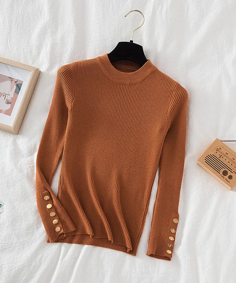 2025 women thick sweater pullovers khaki casual autumn winter button o-neck chic sweater female slim knit top soft jumper tops