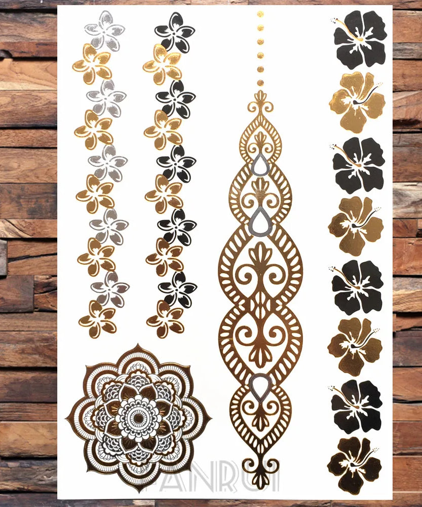 Sexy Sun Moon Star Temporary Tattoo Women Party Body Arm Art Fake Flash Tatoos Gold Metallic Tattoo Stickers Girl Bracelet Wrist