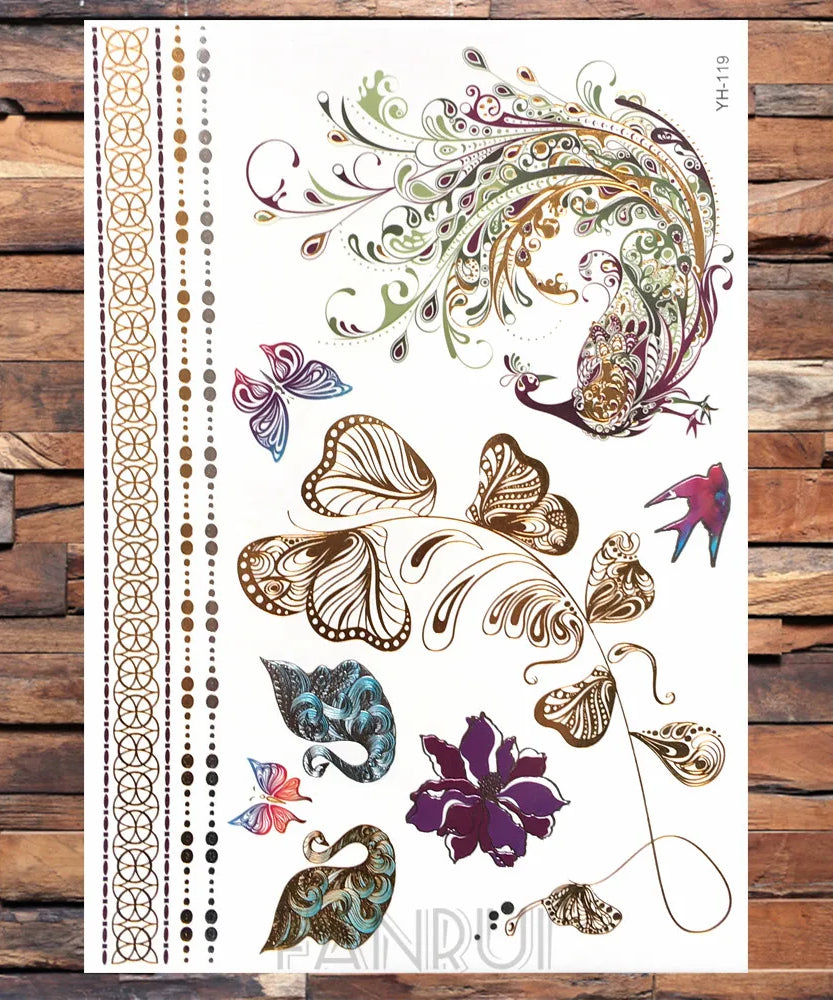 Sexy Sun Moon Star Temporary Tattoo Women Party Body Arm Art Fake Flash Tatoos Gold Metallic Tattoo Stickers Girl Bracelet Wrist