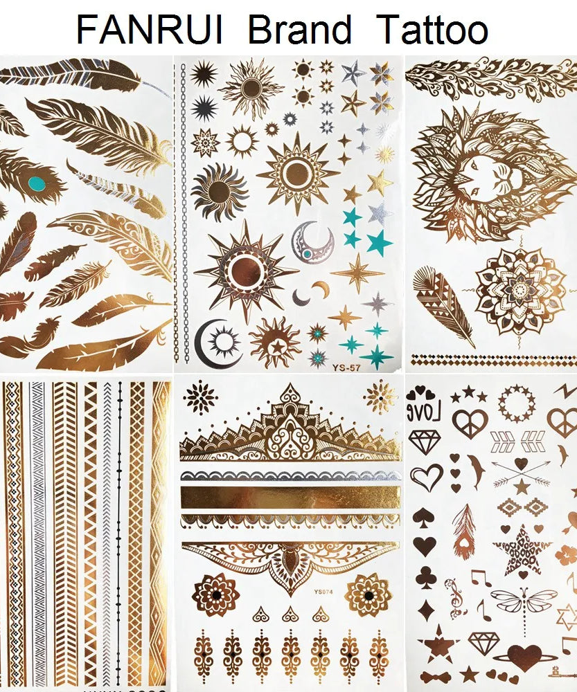 Sexy Sun Moon Star Temporary Tattoo Women Party Body Arm Art Fake Flash Tatoos Gold Metallic Tattoo Stickers Girl Bracelet Wrist