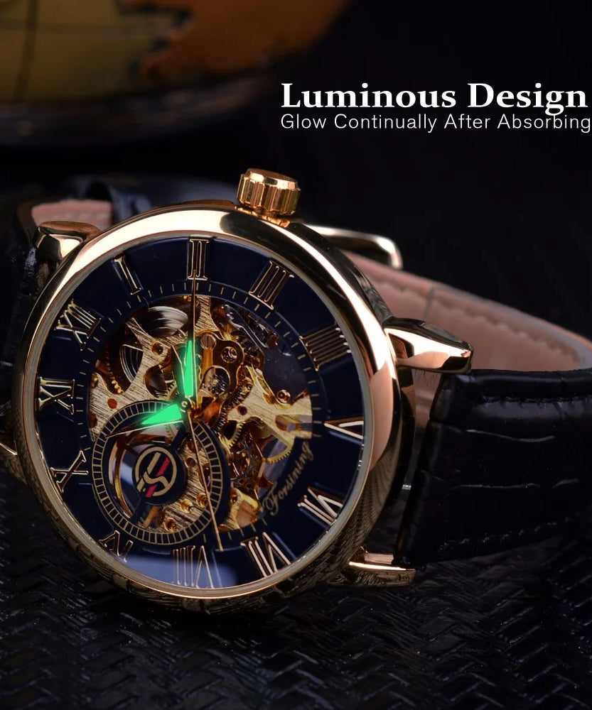 Forsining 3d Logo Design Hollow Engraving Black Golden Case Leather Skeleton Mechanical Watches Men Luxury Brand Heren Horloge