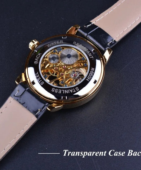 Forsining 3d Logo Design Hollow Engraving Black Golden Case Leather Skeleton Mechanical Watches Men Luxury Brand Heren Horloge