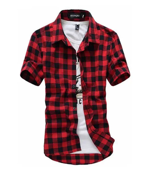 Red And Black Plaid Shirt Men Shirts 2025 New Summer Fashion Chemise Homme Mens Checkered Shirts Short Sleeve Shirt Men Blouse