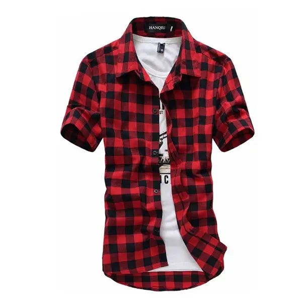 Red And Black Plaid Shirt Men Shirts 2025 New Summer Fashion Chemise Homme Mens Checkered Shirts Short Sleeve Shirt Men Blouse