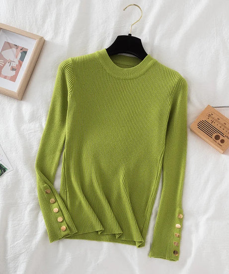2025 women thick sweater pullovers khaki casual autumn winter button o-neck chic sweater female slim knit top soft jumper tops
