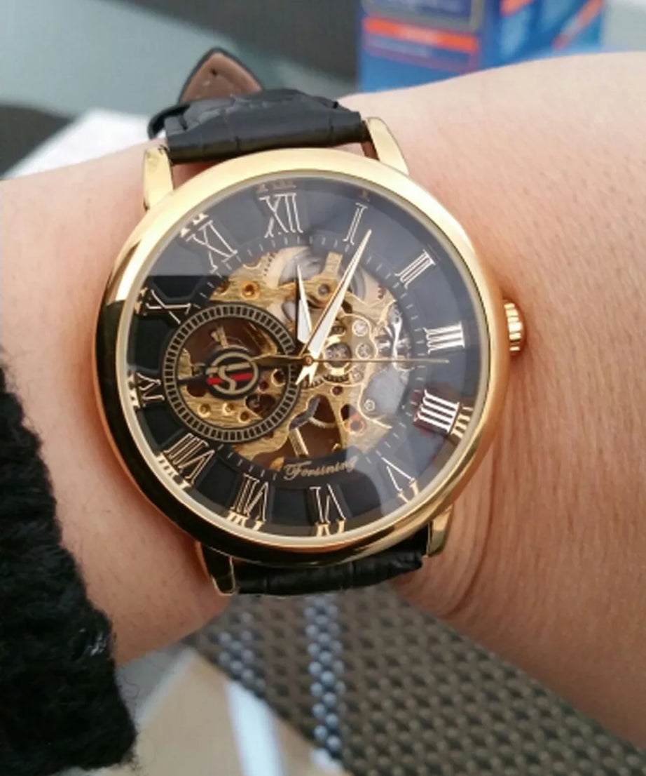 Forsining 3d Logo Design Hollow Engraving Black Golden Case Leather Skeleton Mechanical Watches Men Luxury Brand Heren Horloge