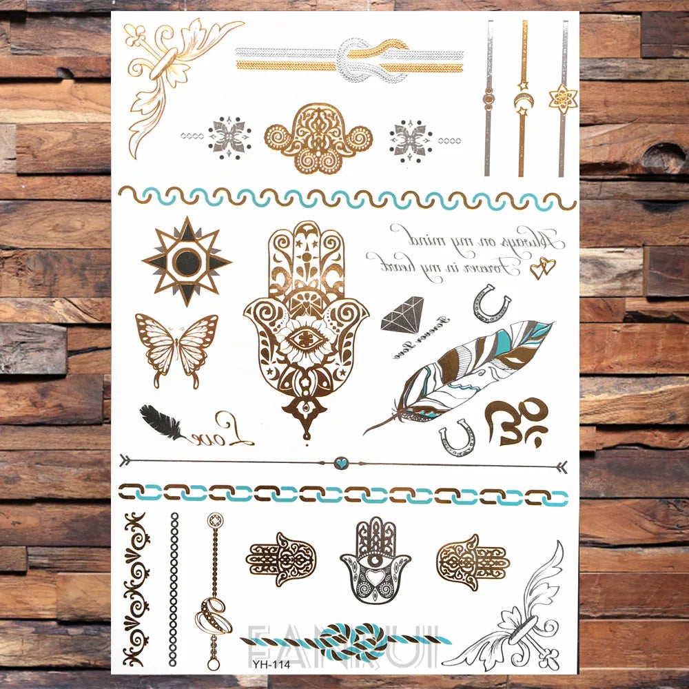 Sexy Sun Moon Star Temporary Tattoo Women Party Body Arm Art Fake Flash Tatoos Gold Metallic Tattoo Stickers Girl Bracelet Wrist