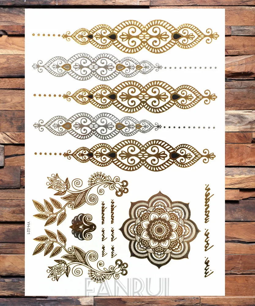 Sexy Sun Moon Star Temporary Tattoo Women Party Body Arm Art Fake Flash Tatoos Gold Metallic Tattoo Stickers Girl Bracelet Wrist