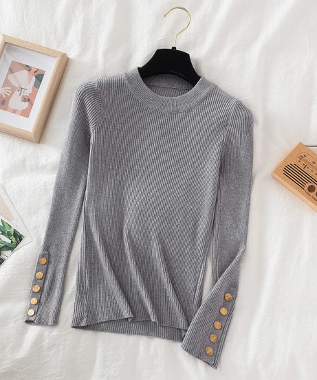 2025 women thick sweater pullovers khaki casual autumn winter button o-neck chic sweater female slim knit top soft jumper tops