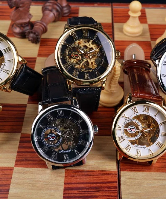 Forsining 3d Logo Design Hollow Engraving Black Golden Case Leather Skeleton Mechanical Watches Men Luxury Brand Heren Horloge