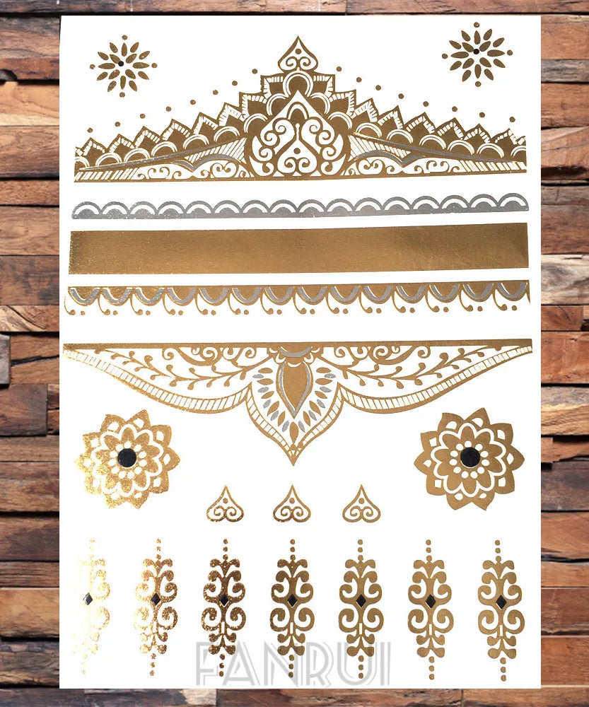 Sexy Sun Moon Star Temporary Tattoo Women Party Body Arm Art Fake Flash Tatoos Gold Metallic Tattoo Stickers Girl Bracelet Wrist