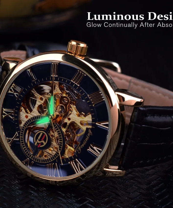 Forsining 3d Logo Design Hollow Engraving Black Golden Case Leather Skeleton Mechanical Watches Men Luxury Brand Heren Horloge