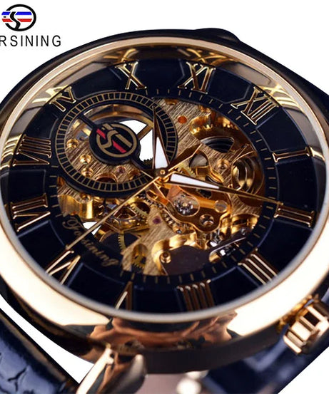 Forsining 3d Logo Design Hollow Engraving Black Golden Case Leather Skeleton Mechanical Watches Men Luxury Brand Heren Horloge
