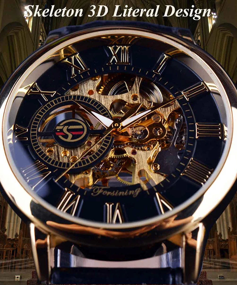 Forsining 3d Logo Design Hollow Engraving Black Golden Case Leather Skeleton Mechanical Watches Men Luxury Brand Heren Horloge
