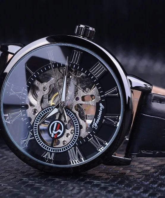 Forsining 3d Logo Design Hollow Engraving Black Golden Case Leather Skeleton Mechanical Watches Men Luxury Brand Heren Horloge