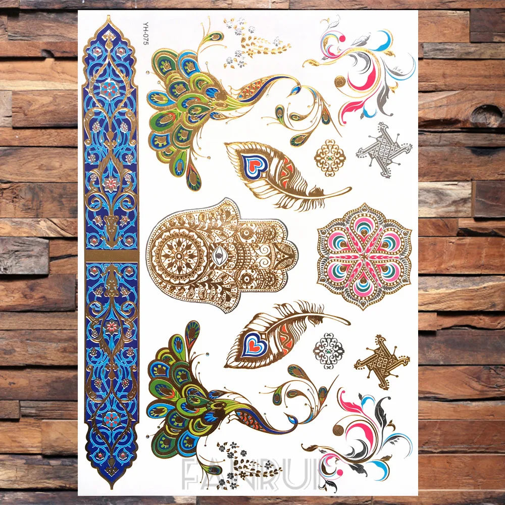 Sexy Sun Moon Star Temporary Tattoo Women Party Body Arm Art Fake Flash Tatoos Gold Metallic Tattoo Stickers Girl Bracelet Wrist