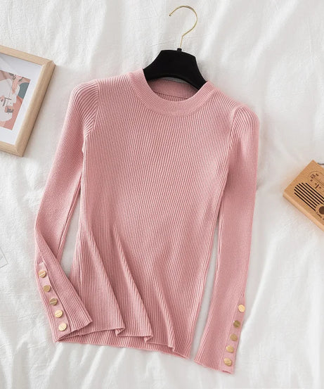 2025 women thick sweater pullovers khaki casual autumn winter button o-neck chic sweater female slim knit top soft jumper tops