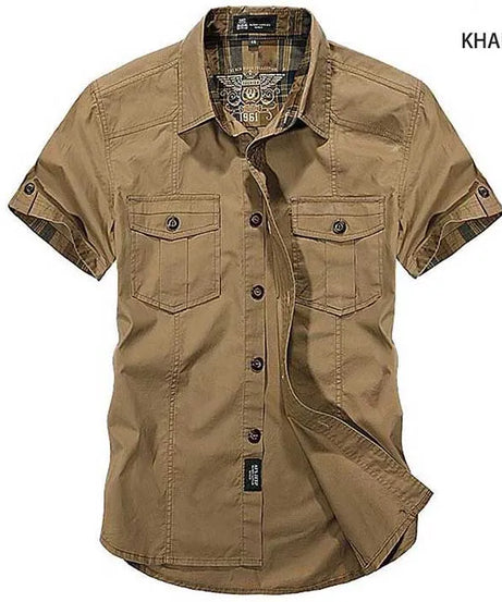 Fashion Cotton Casual Shirts Summer Men Plus Size Loose Baggy Shirts Short Sleeve Turn-down Collar Military Style Male Clothing