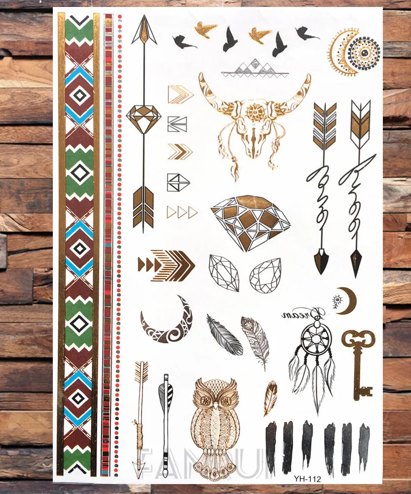 Sexy Sun Moon Star Temporary Tattoo Women Party Body Arm Art Fake Flash Tatoos Gold Metallic Tattoo Stickers Girl Bracelet Wrist