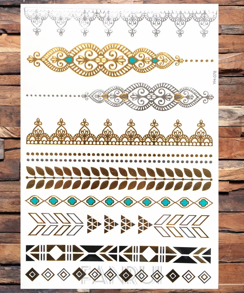 Sexy Sun Moon Star Temporary Tattoo Women Party Body Arm Art Fake Flash Tatoos Gold Metallic Tattoo Stickers Girl Bracelet Wrist