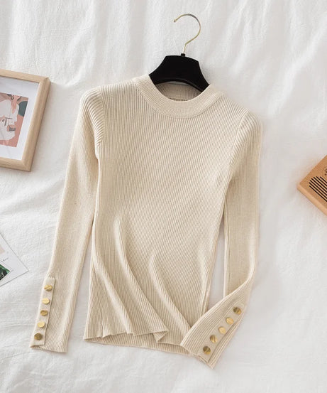 2025 women thick sweater pullovers khaki casual autumn winter button o-neck chic sweater female slim knit top soft jumper tops