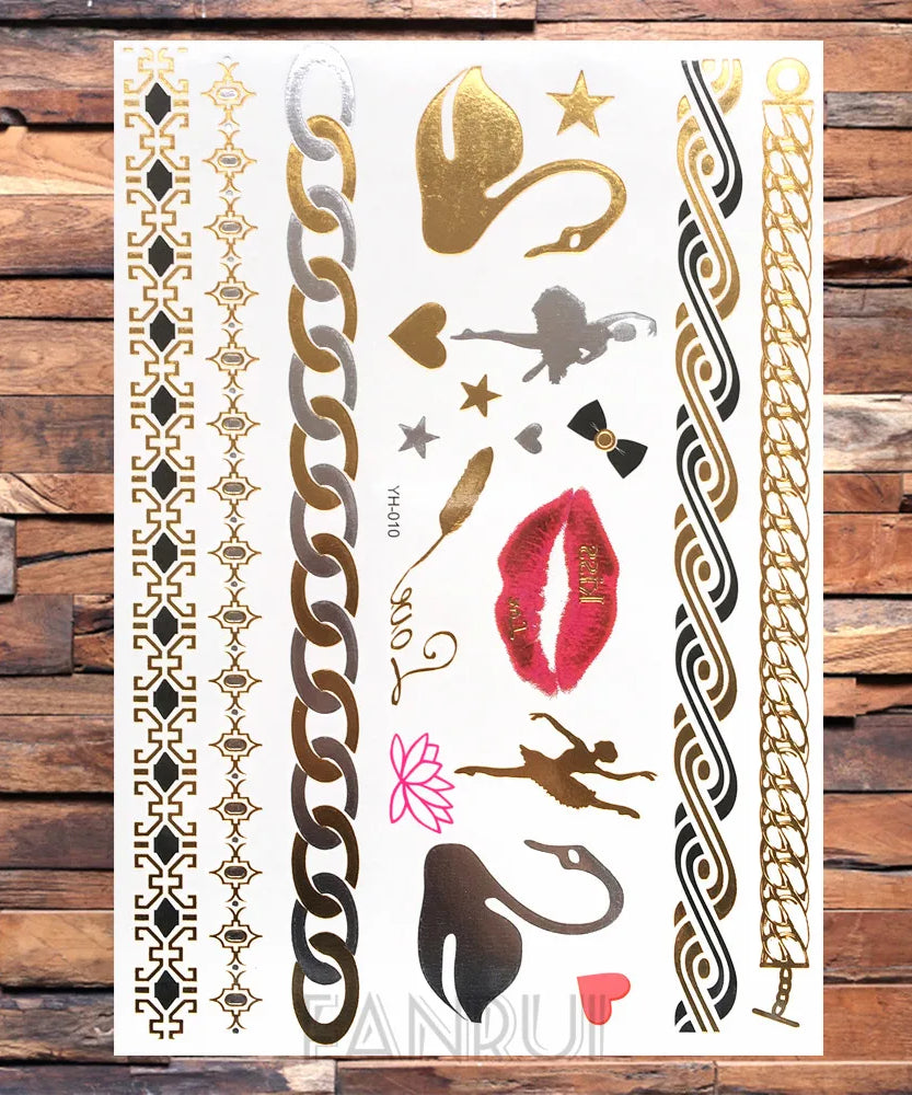 Sexy Sun Moon Star Temporary Tattoo Women Party Body Arm Art Fake Flash Tatoos Gold Metallic Tattoo Stickers Girl Bracelet Wrist