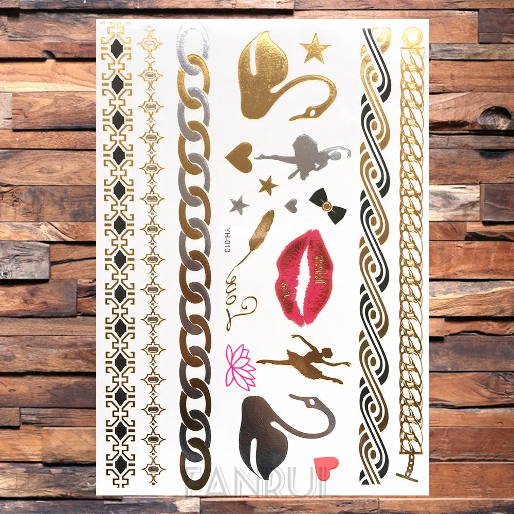 Sexy Sun Moon Star Temporary Tattoo Women Party Body Arm Art Fake Flash Tatoos Gold Metallic Tattoo Stickers Girl Bracelet Wrist