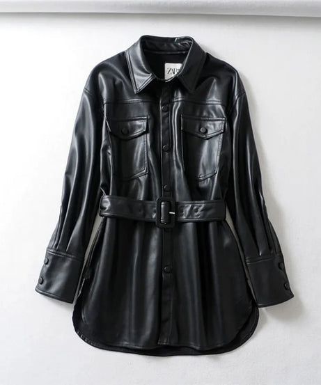 Women's high waist lace-up PU coat