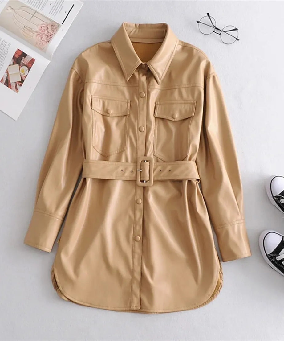 Women's high waist lace-up PU coat
