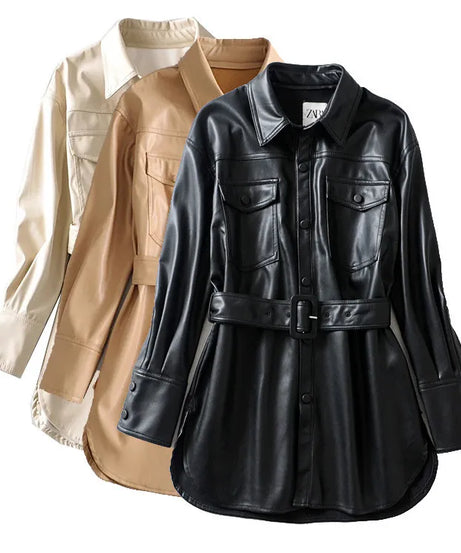 Women's high waist lace-up PU coat