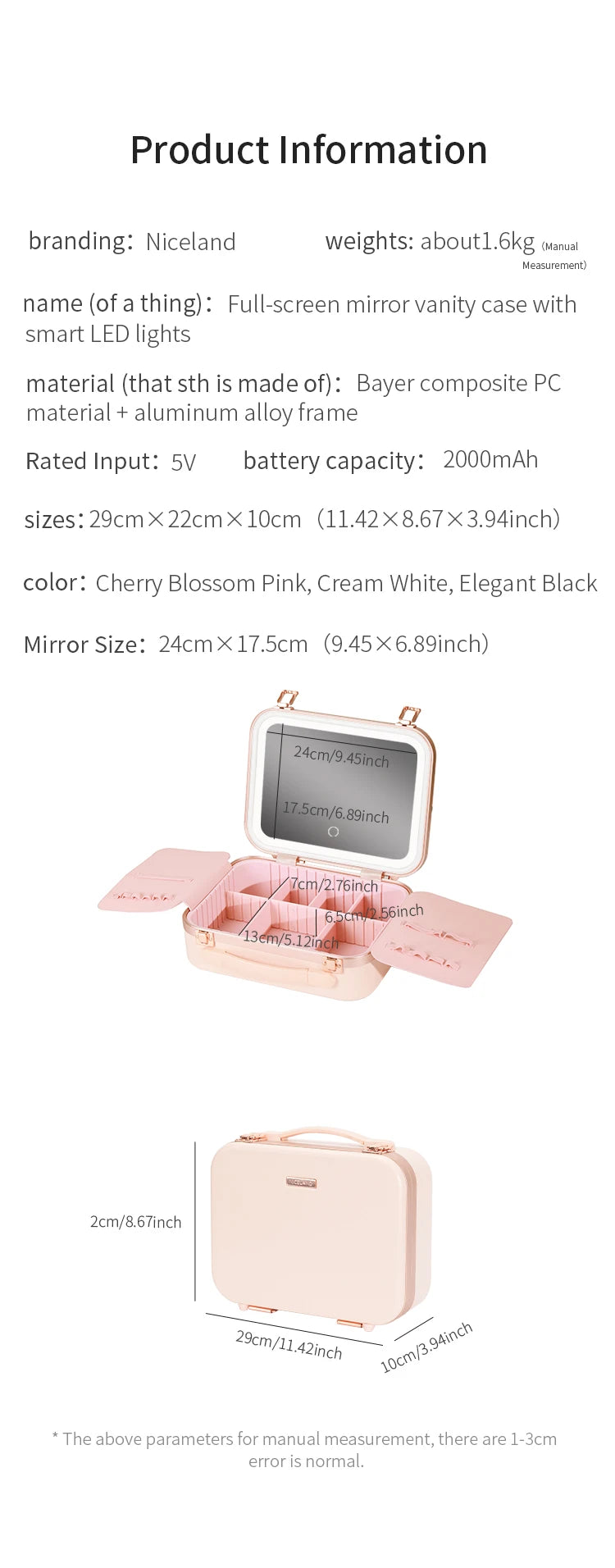 Portable Makeup Organizer Box with LED Light & Mirror – Travel-Friendly Cosmetic Train Case for Brushes box