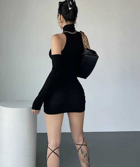 Sexy Mini Dress Women's Oversleeve Pleated Bodycon Dress High Neck Autumn Black Shinny Elastic Party Tank Hip Wrap Dresses Club