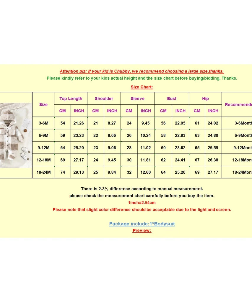 Baby Boys and Girls Plaid Romper Hooded Long Sleeved Plush Jumpsuit Winter Warm Bodysuit Clothes for 3-24 Months Toddler Boy