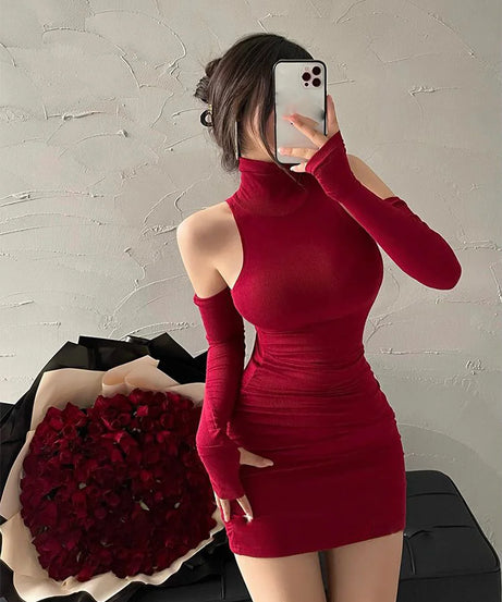 Sexy Mini Dress Women's Oversleeve Pleated Bodycon Dress High Neck Autumn Black Shinny Elastic Party Tank Hip Wrap Dresses Club